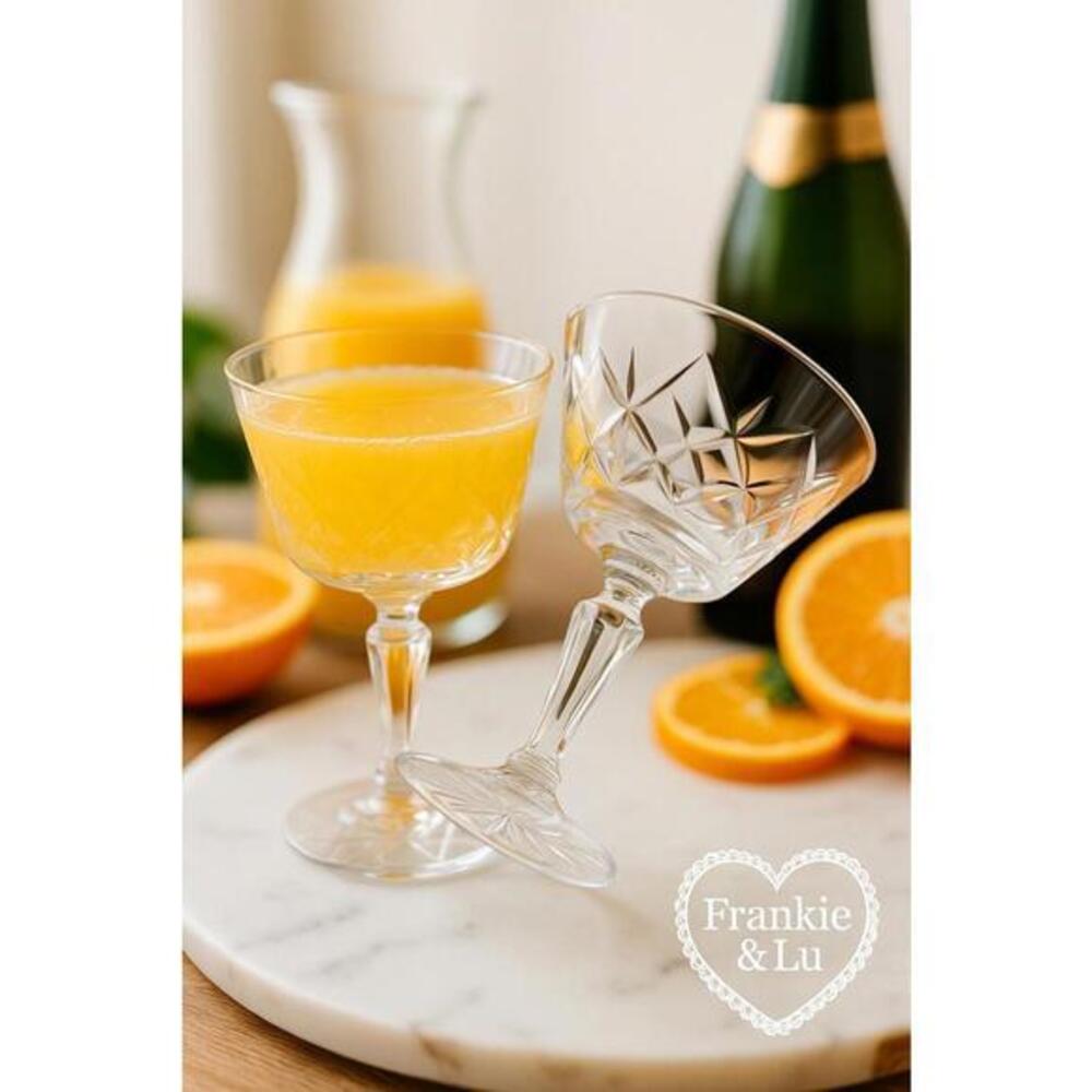 Pair of Cut Crystal Champagne Coupes – Geometric Diamond Cuts, Faceted Stems